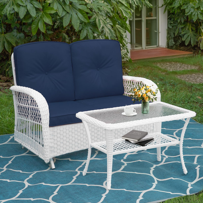 Winston Porter Outdoor Wicker Patio Glider Set Loveseat For 2 Person Porch Furniture Glider With Glass Top Coffee Table Patio Glider Rocking Bench With Thickened Cushions White Wicker Wayfair